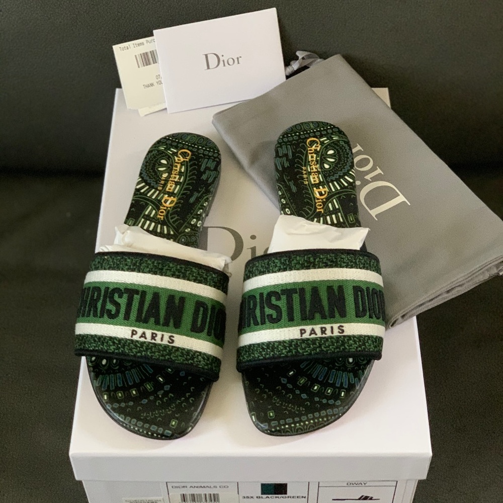 SOLD****DIOR Dway Embroidered Cotton Slide Sandals